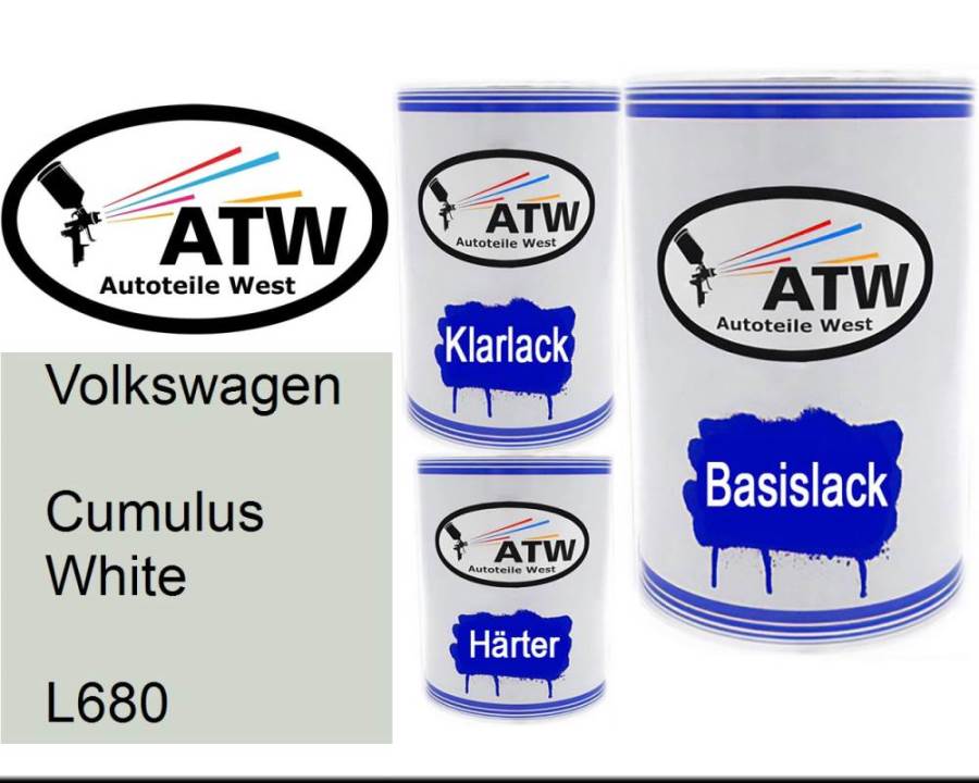 Volkswagen, Cumulus White, L680: 500ml Lackdose + 500ml Klarlack + 250ml Härter - Set, von ATW Autoteile West.